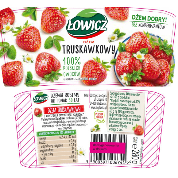 Łowicz DŻEM TRUSKAWKA TRUSKAWKOWY z truskawek NISKOSŁODZONY 280g słoik