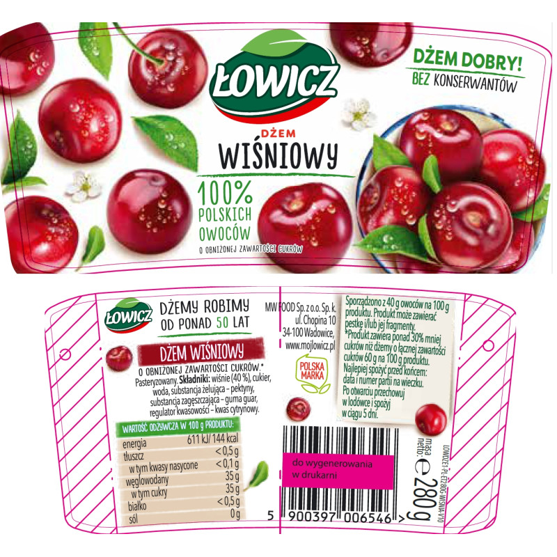 Łowicz DŻEM WIŚNIA WIŚNIOWY z wiśni NISKOSŁODZONY 280g słoik 