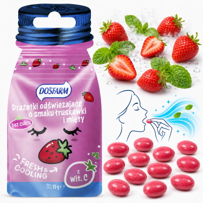 Dosfarm DRAŻE DRAŻETKI ODŚWIEŻAJĄCE smak TRUSKAWKA Z MIĘTA z wit.C  15g