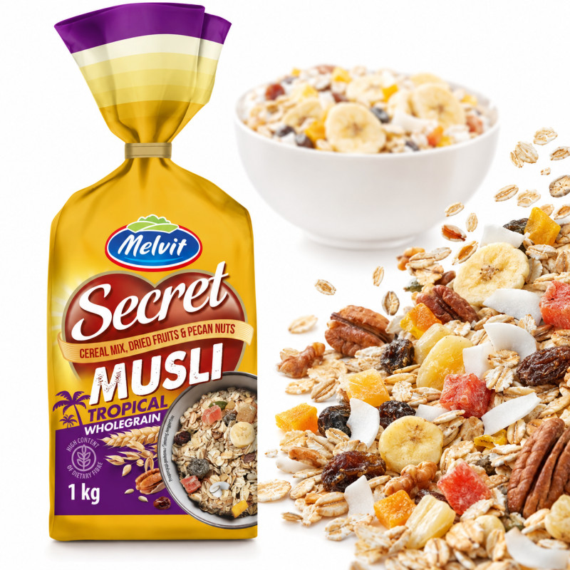 Melvit SECRET FAMILY MUSLI TROPIKALNE na śniadanie smoothie do jogurtu 1kg