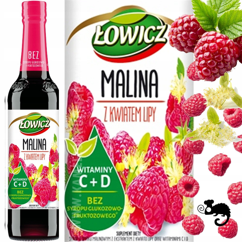 SYROP owocowy MALINA Z KWIATEM LIPY LIPĄ LIPA z wit C D 400ml 0,4L ŁOWICZ