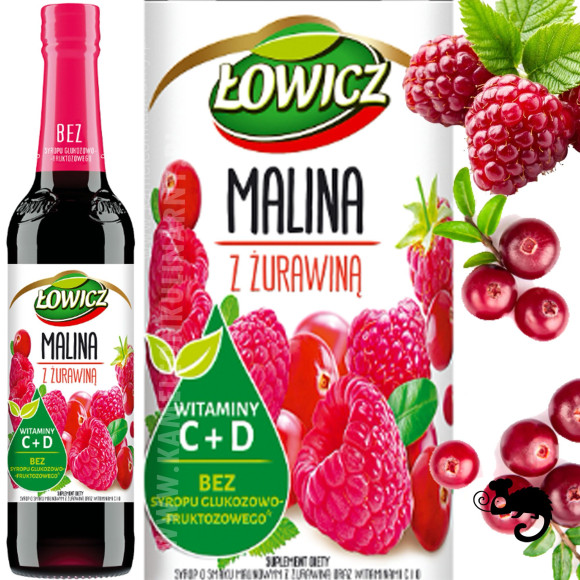 SYROP owocowy MALINA Z ŻURAWINĄ ŻURAWINA z witaminą C D 400ml 0,4L ŁOWICZ00