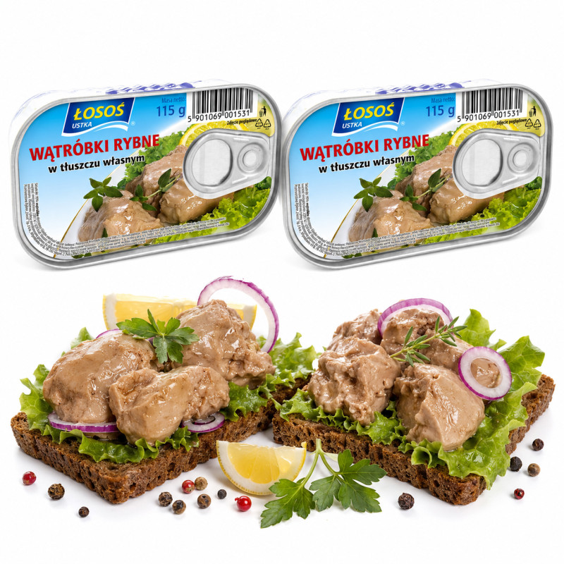 Łosoś Ustka WĄTRÓBKI RYBNE z dorsza W TŁUSZCZU WŁASNYM 115g x2 = 0,23kg puszka