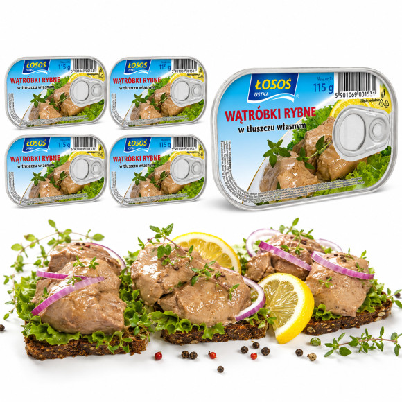 Łosoś Ustka WĄTRÓBKI RYBNE z dorsza W TŁUSZCZU WŁASNYM 115g x5 =0,57kg puszka