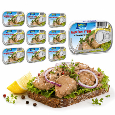 Łosoś Ustka WĄTRÓBKI RYBNE z dorsza W TŁUSZCZU WŁASNYM 115g x10 = 1,15kg puszka