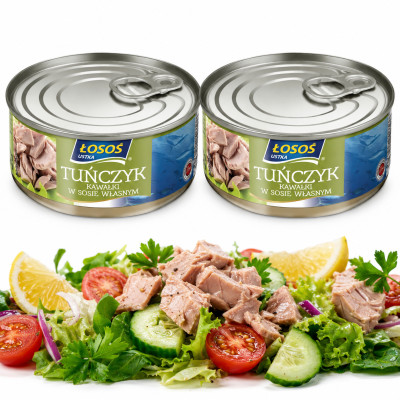 Łosoś Ustka TUŃCZYK KAWAŁKI W SOSIE WŁASNYM źródło białka 170g x2 = 0,34kg puszka