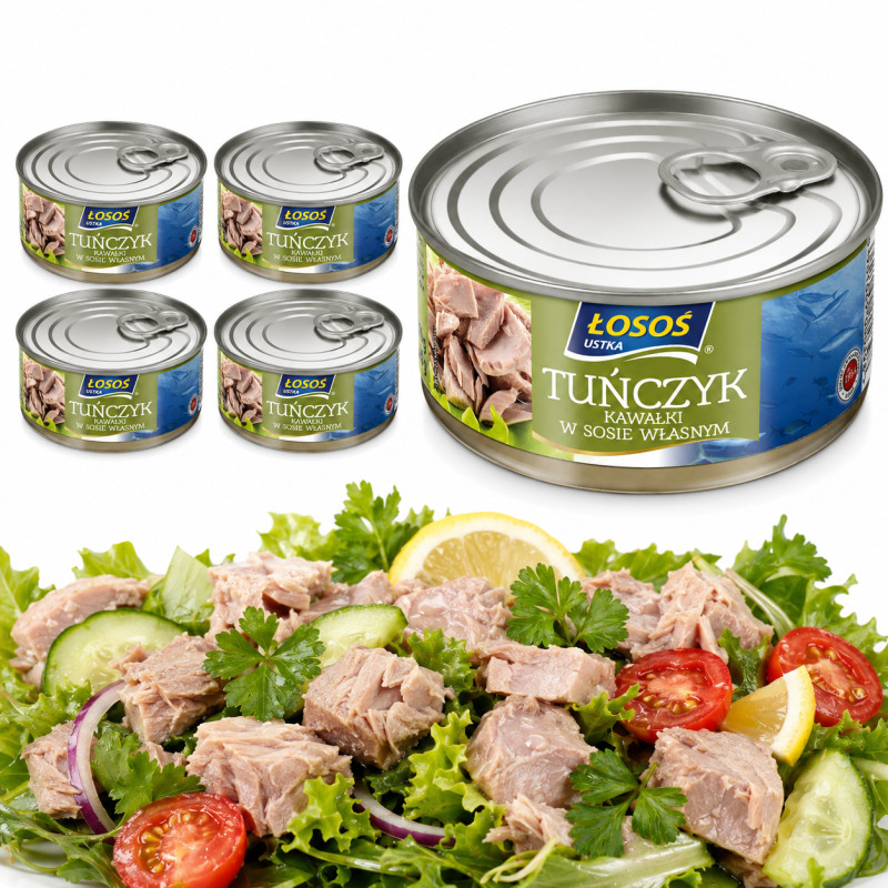 Łosoś Ustka TUŃCZYK KAWAŁKI W SOSIE WŁASNYM źródło białka 170g x5 = 0,85kg puszka