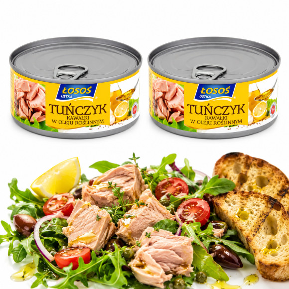 Łosoś Ustka TUŃCZYK KAWAŁKI W OLEJU SŁONECZNIKOWYM 71% ryby 170g x2 = 0,34kg puszka