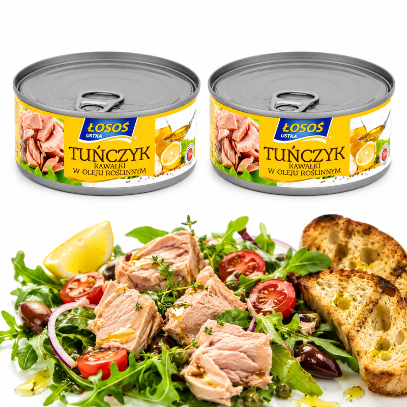 Łosoś Ustka TUŃCZYK KAWAŁKI W OLEJU SŁONECZNIKOWYM 71% ryby 170g x2 = 0,34kg puszka