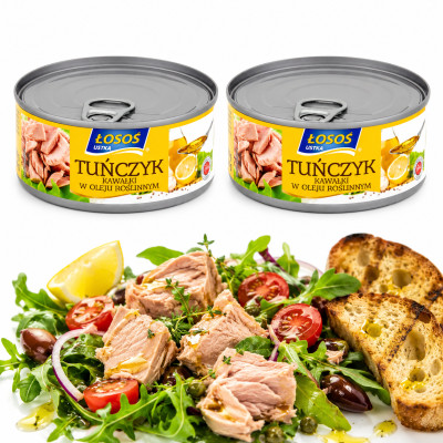 Łosoś Ustka TUŃCZYK KAWAŁKI W OLEJU SŁONECZNIKOWYM 71% ryby 170g x2 = 0,34kg puszka