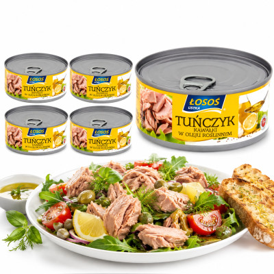 Łosoś Ustka TUŃCZYK KAWAŁKI W OLEJU SŁONECZNIKOWYM 71% ryby 170g x5 = 0,85kg puszka