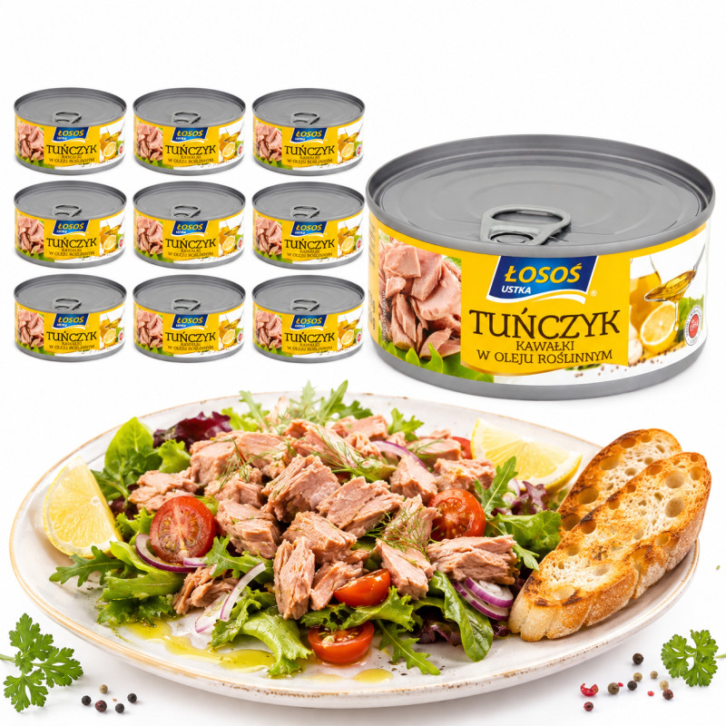 Łosoś Ustka TUŃCZYK KAWAŁKI W OLEJU SŁONECZNIKOWYM 71% ryby 170g x10 = 1,7kg puszka