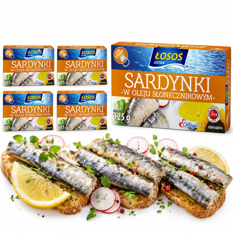 Łosoś Ustka SARDYNKI W OLEJU SŁONECZNIKOWYM 125g x5 = 0,62 puszka