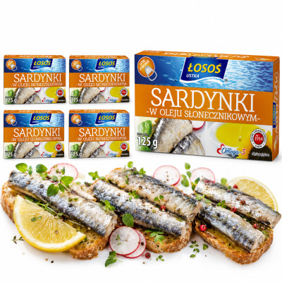 Łosoś Ustka SARDYNKI W OLEJU SŁONECZNIKOWYM 125g x5 = 0,62 puszka