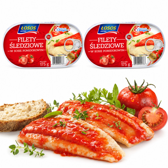 Łosoś Ustka FILETY ŚLEDZIOWE W SOSIE POMIDOROWYM 175g x2 = 0,35kg puszka