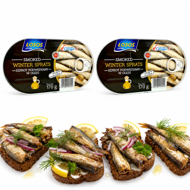 Łosoś Ustka POPULAR SMOKED WINTER SPRATS WĘDZONE SZPROTY170gx2 = 0,34kg  puszka