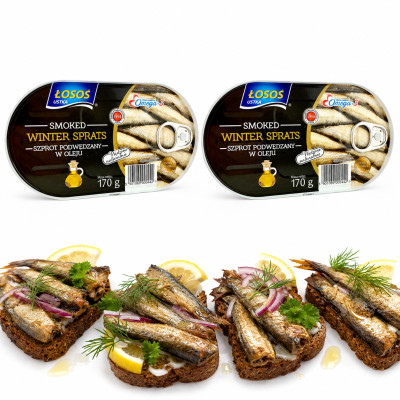 Łosoś Ustka POPULAR SMOKED WINTER SPRATS WĘDZONE SZPROTY170gx2 = 0,34kg  puszka