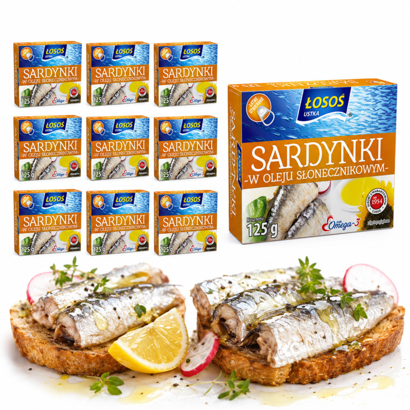Łosoś Ustka SARDYNKI W OLEJU SŁONECZNIKOWYM 125g x10 = 1,25kg puszka