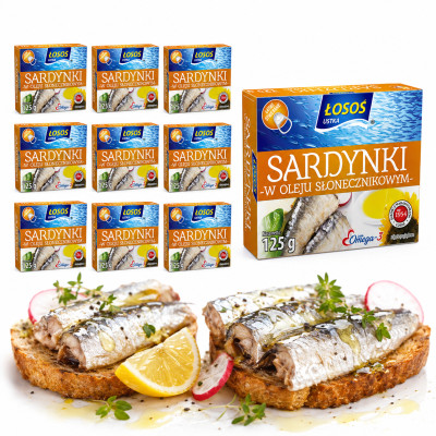 Łosoś Ustka SARDYNKI W OLEJU SŁONECZNIKOWYM 125g x10 = 1,25kg puszka