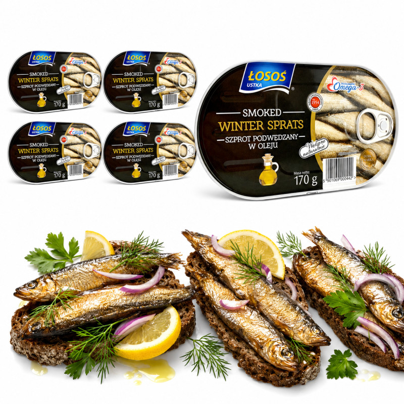 Łosoś Ustka POPULAR SMOKED WINTER SPRATS WĘDZONE SZPROTY 170g x5 = 0,85 puszka