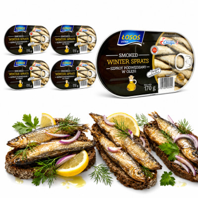Łosoś Ustka POPULAR SMOKED WINTER SPRATS WĘDZONE SZPROTY 170g x5 = 0,85 puszka