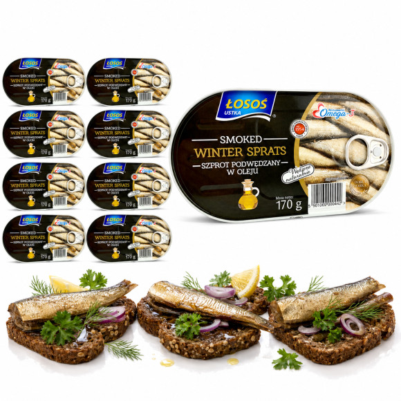 Łosoś Ustka POPULAR SMOKED WINTER SPRATS WĘDZONE SZPROTY 170g x10 = 1,7kg puszka