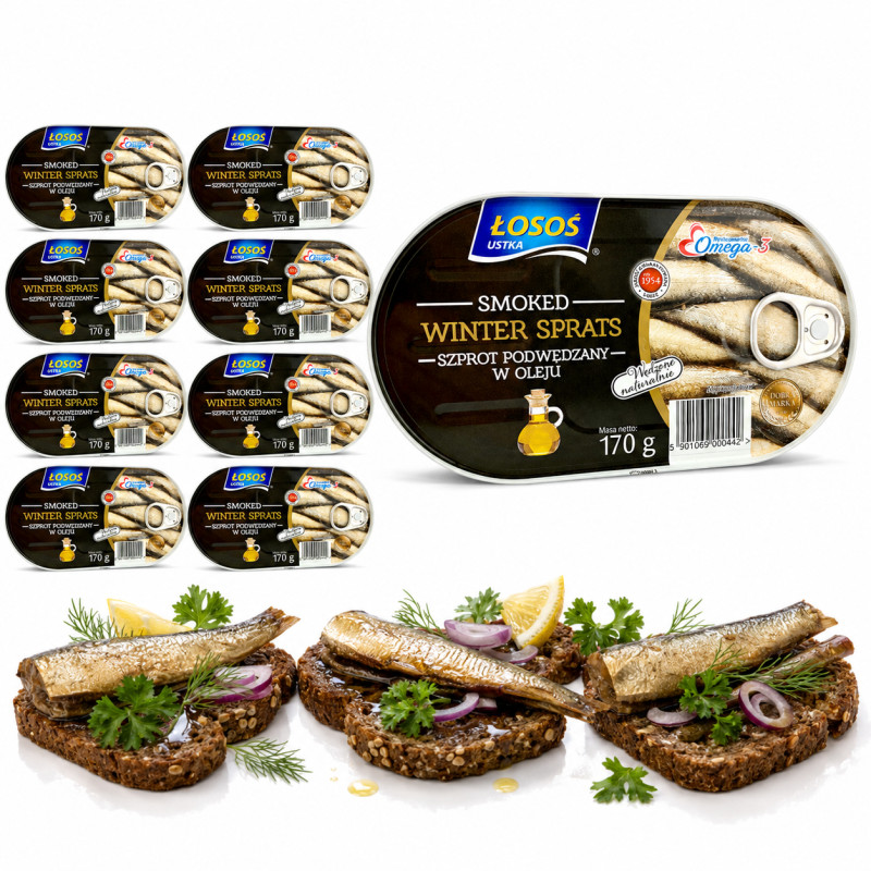 Łosoś Ustka POPULAR SMOKED WINTER SPRATS WĘDZONE SZPROTY 170g x10 = 1,7kg puszka