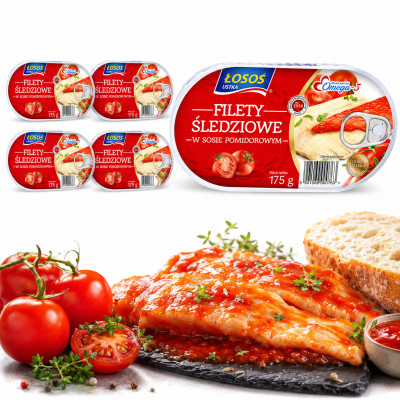 Łosoś Ustka FILETY ŚLEDZIOWE W SOSIE POMIDOROWYM 175g x5 = 0,87kg puszka
