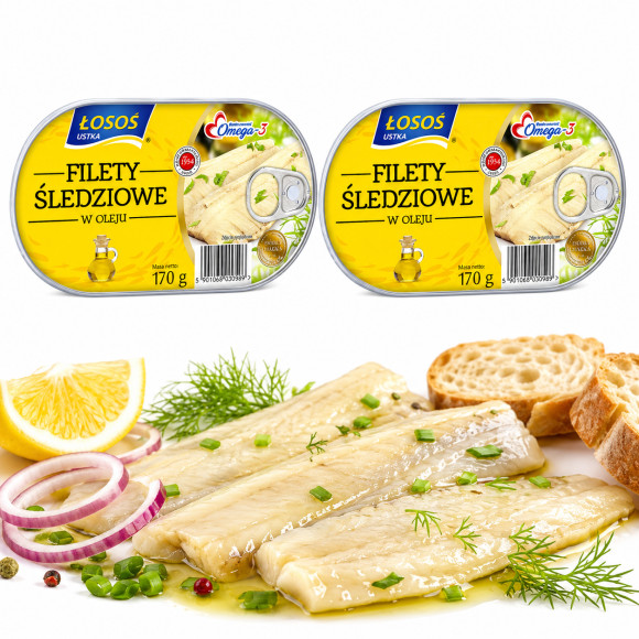 Łosoś Ustka FILETY ŚLEDZIOWE W OLEJU konserwa rybna 170g x2 = 0,34kg puszka