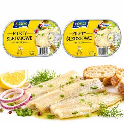 Łosoś Ustka FILETY ŚLEDZIOWE W OLEJU konserwa rybna 170g x2 = 0,34kg puszka