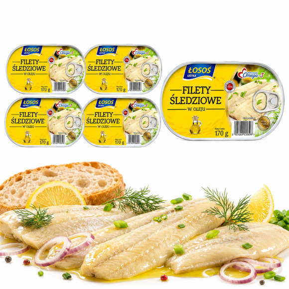 Łosoś Ustka FILETY ŚLEDZIOWE W OLEJU konserwa rybna 170g x5 = 0,85kg puszka