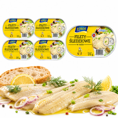 Łosoś Ustka FILETY ŚLEDZIOWE W OLEJU konserwa rybna 170g x5 = 0,85kg puszka
