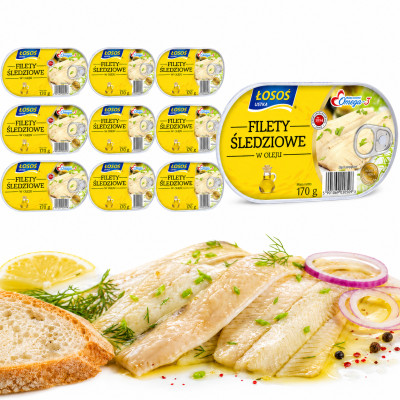 Łosoś Ustka FILETY ŚLEDZIOWE W OLEJU konserwa rybna 170g x10 = 1,7kg puszka