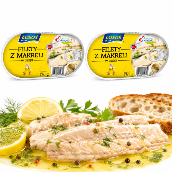 Łosoś Ustka FILETY Z MAKRELI W OLEJU AROMATYZOWANYM 170g x2 = 0,34kg puszka