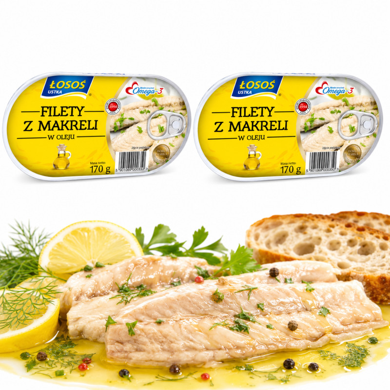 Łosoś Ustka FILETY Z MAKRELI W OLEJU AROMATYZOWANYM 170g x2 = 0,34kg puszka