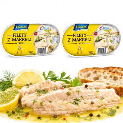 Łosoś Ustka FILETY Z MAKRELI W OLEJU AROMATYZOWANYM 170g x2 = 0,34kg puszka