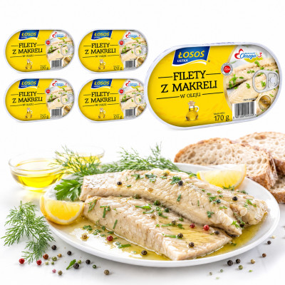 Łosoś Ustka FILETY Z MAKRELI W OLEJU AROMATYZOWANYM 170g x5 = 0,85kg puszka