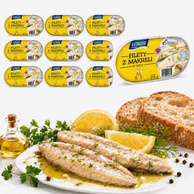 Łosoś Ustka FILETY Z MAKRELI W OLEJU AROMATYZOWANYM 170g x10 = 1,7kg puszka