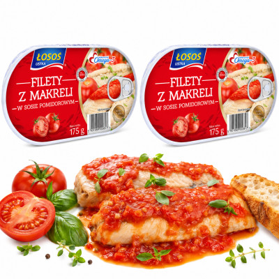 Łosoś Ustka FILETY Z MAKRELI W SOSIE POMIDOROWYM 175g x2 = 0,35kg puszka