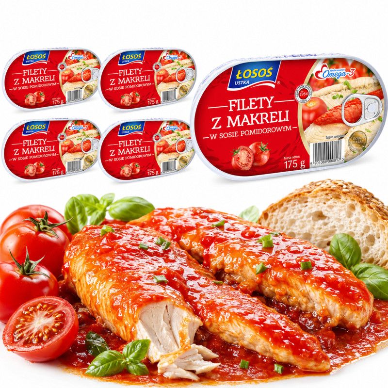Łosoś Ustka FILETY Z MAKRELI W SOSIE POMIDOROWYM 175g x5 = 0,87kg puszka