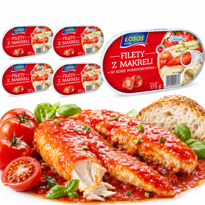 Łosoś Ustka FILETY Z MAKRELI W SOSIE POMIDOROWYM 175g x5 = 0,87kg puszka