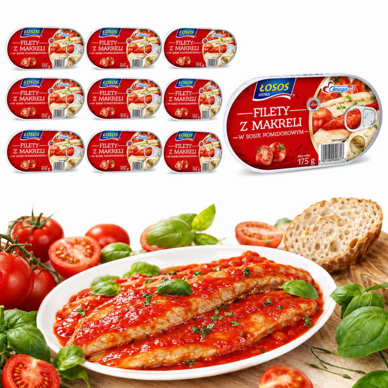 Łosoś Ustka FILETY Z MAKRELI W SOSIE POMIDOROWYM 175g x10 = 1,75kg puszka