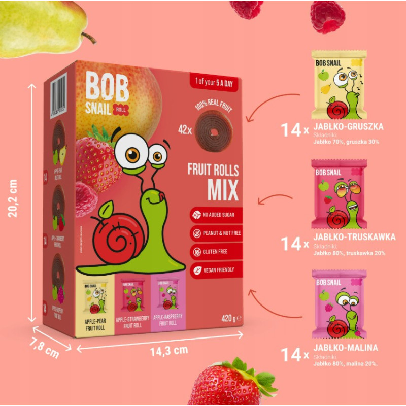 BOB SNAIL rollsy owocowe 420g zestaw 42szt MIX smaki BEZ CUKRU bezglutenu