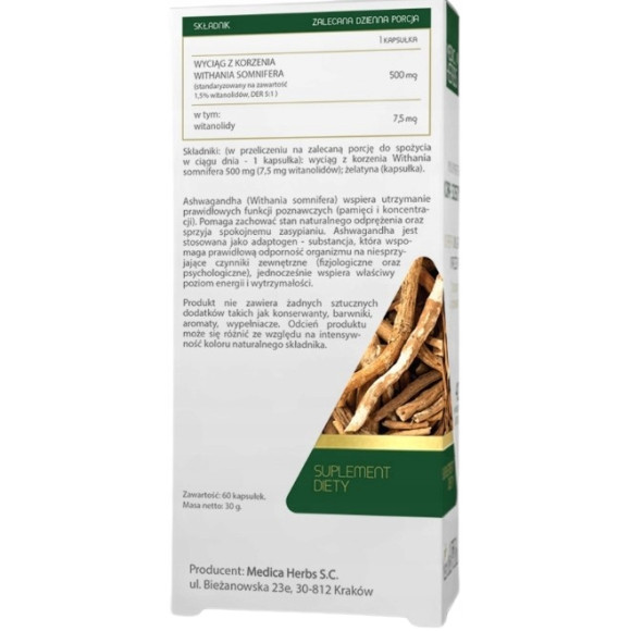 Medica Herbs ASHWAGANDHA 500mg 60kps wsparcie PAMIĘĆ KONCENTRACJA STRES LĘK