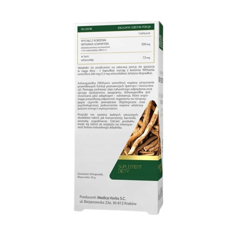 Medica Herbs ASHWAGANDHA 500mg 60kps wsparcie PAMIĘĆ KONCENTRACJA STRES LĘK
