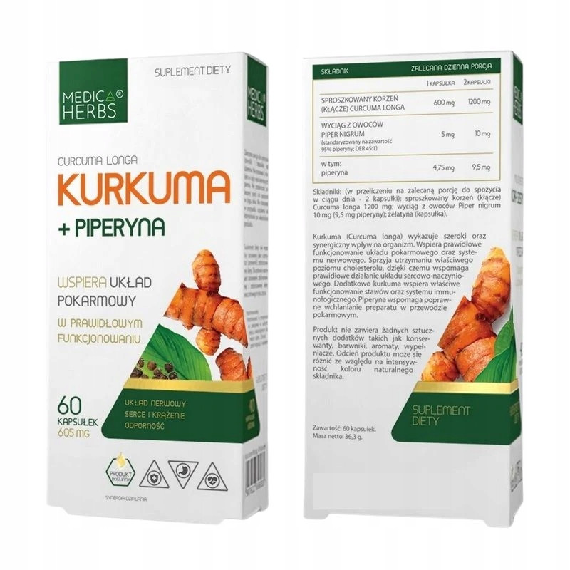 Medica Herbs KURKUMA + PIPERYNA 95% piperyny 605mg 60kaps wsparci TRAWIENIE