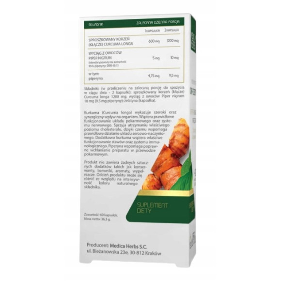 Medica Herbs KURKUMA + PIPERYNA 95% piperyny 605mg 60kaps wsparci TRAWIENIE