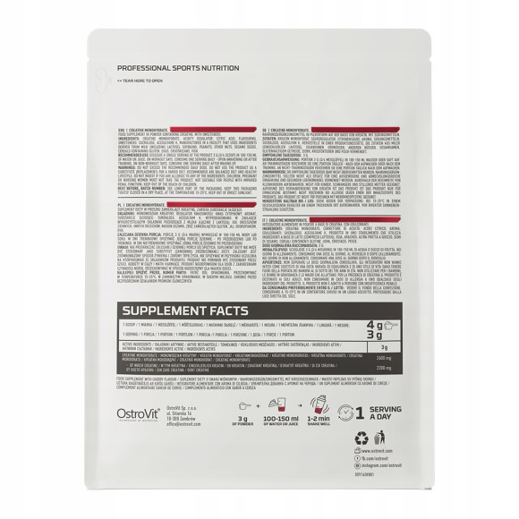 OstroVit MONOHYDRAT KREATYNY KREATYNA 300g 0,3KG - smak WIŚNIOWY