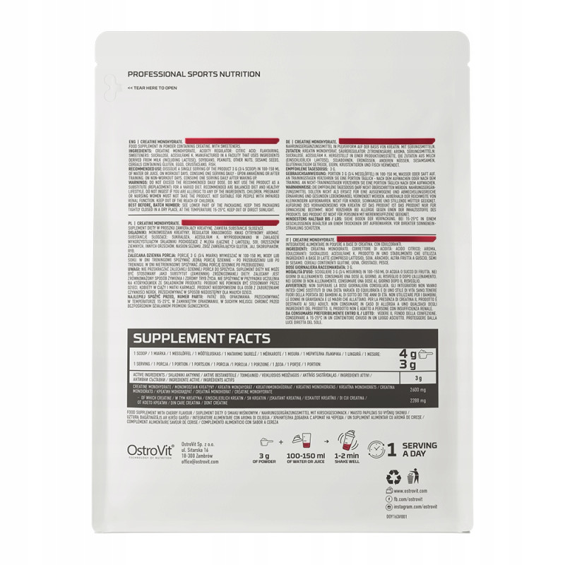 OstroVit MONOHYDRAT KREATYNY KREATYNA 300g 0,3KG - smak WIŚNIOWY