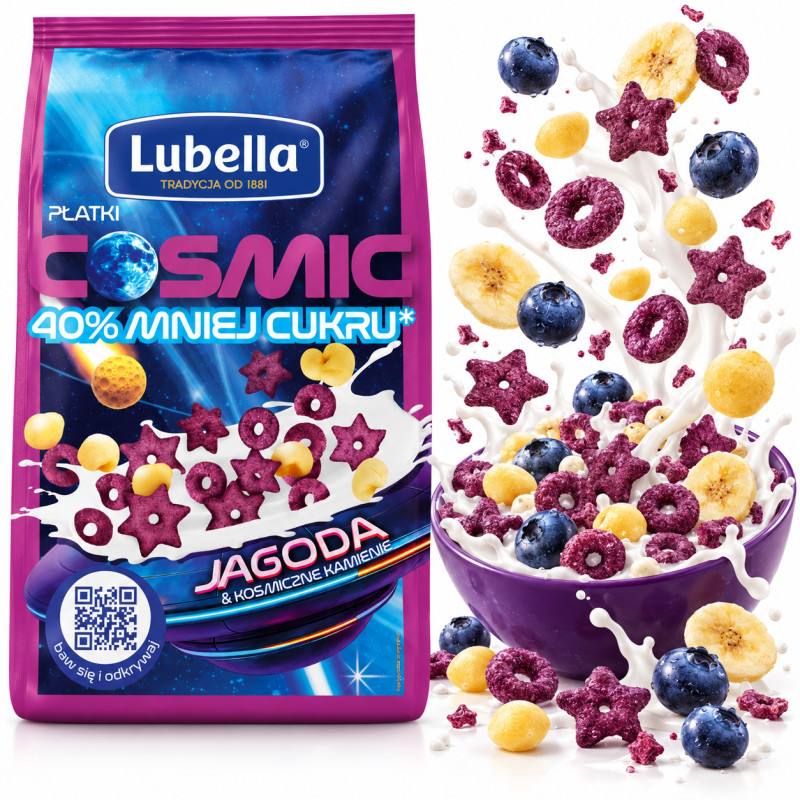 Lubella PŁATKI ŚNIADANIOWE COSMIC JAGODOWO ŚMIETANKOWE obniż.zaw.cukru 350g